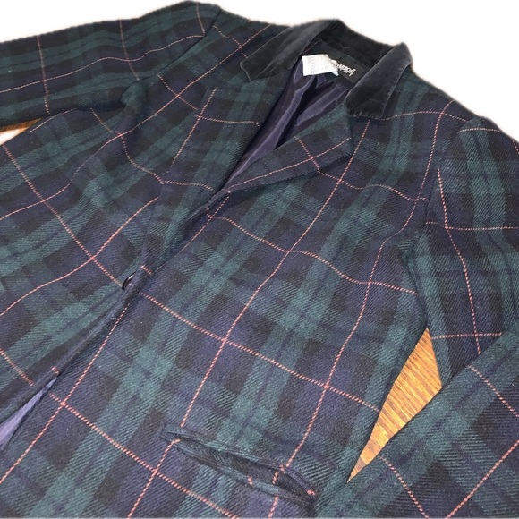 Vintage Wool Navy Green Structured Plaid Women’s Blazer Jacket Coat 8 Petite - Picture 5 of 10